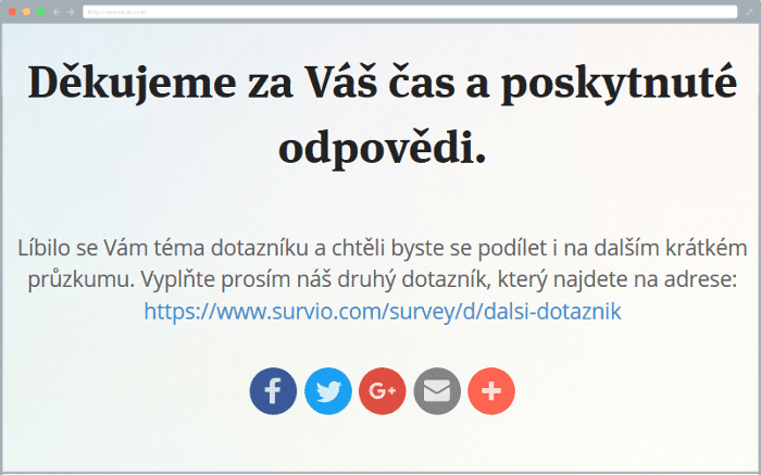 Stránka s poděkováním odkazující na další dotazník