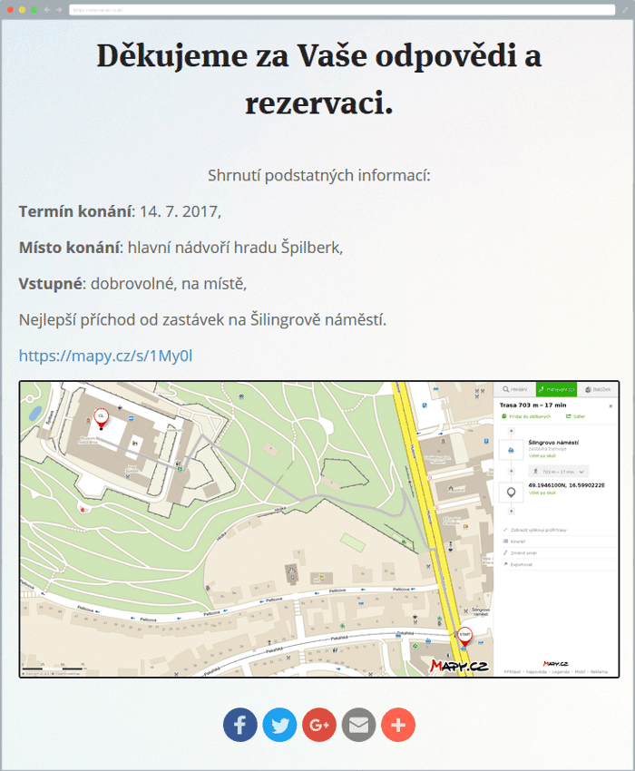 Stránka s poděkováním rozšířená o další informace